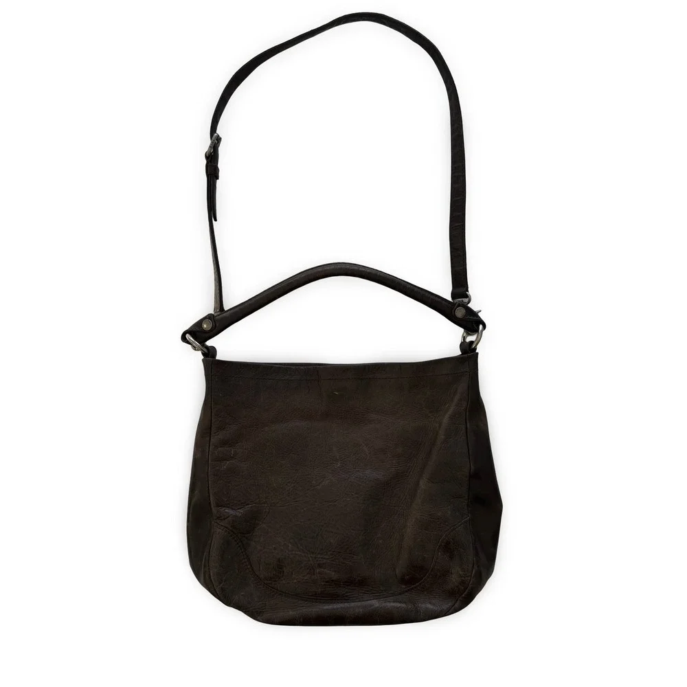 Frye Melissa Dark Brown Distressed Leather Hobo Crossbody Bag Antique Silver